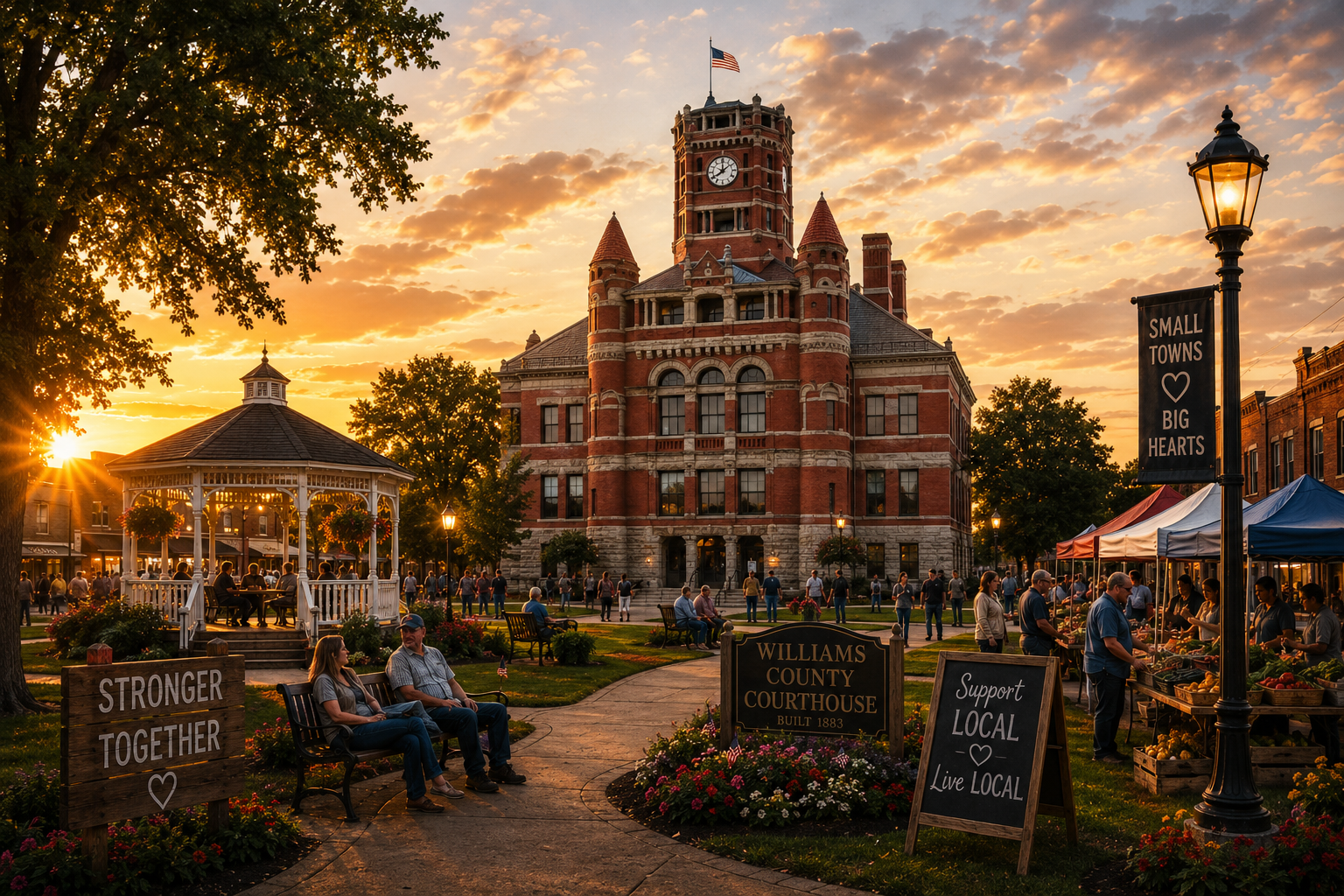 Neighbors gathering in a welcoming small-town square