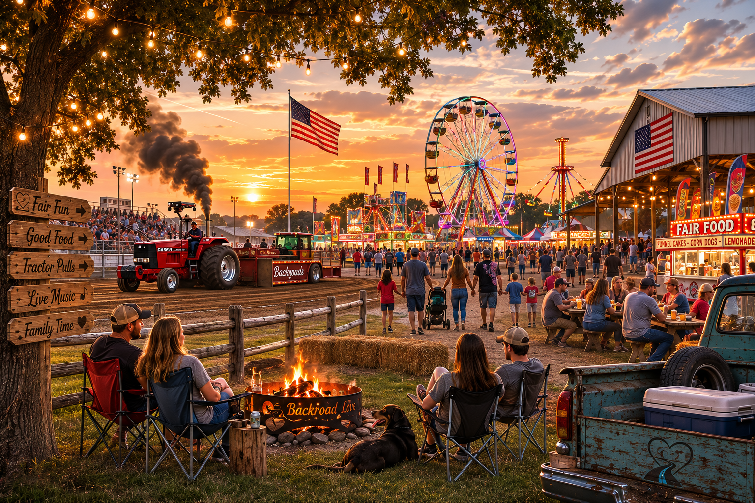 Families enjoying a rural county fair at sunset