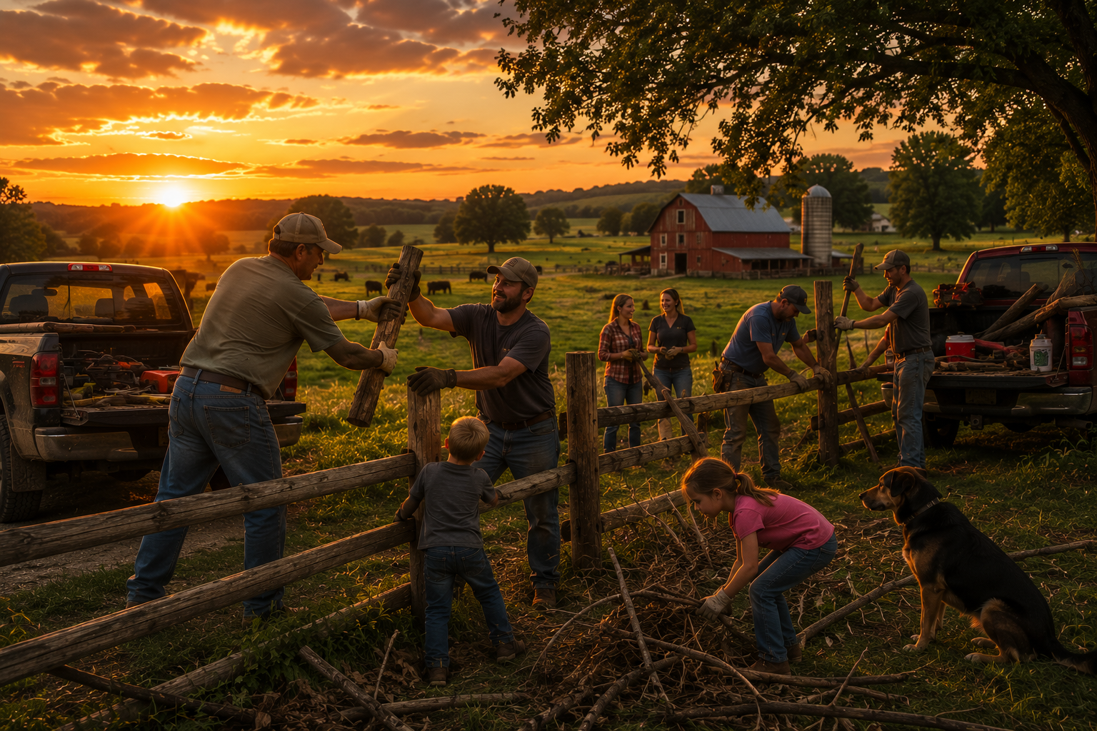 Neighbors working together to repair a country fence