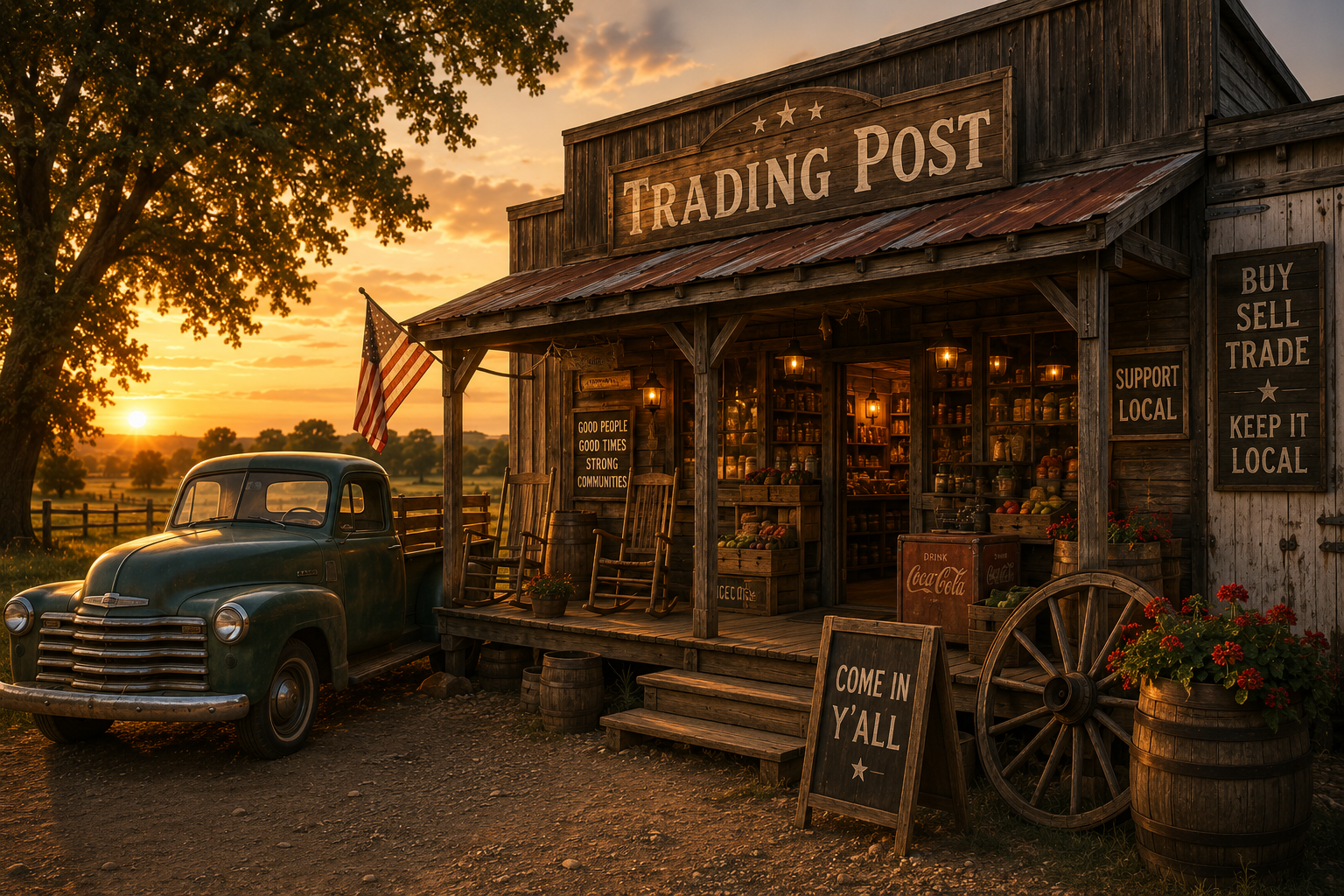 A rustic country trading post at sunset