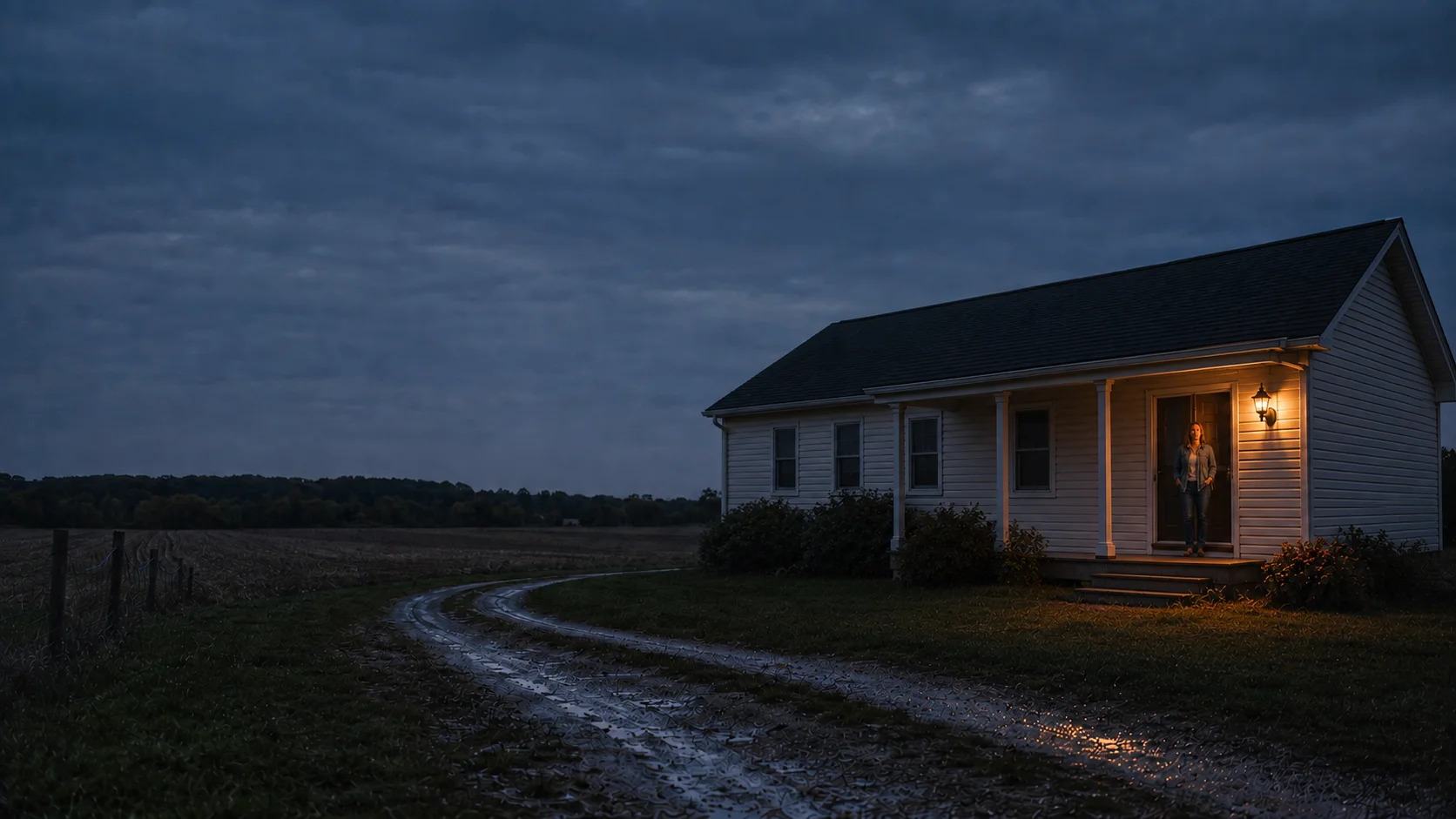 A rural Ohio farmhouse at dusk with a porch light glowing beside a winding gravel drive.