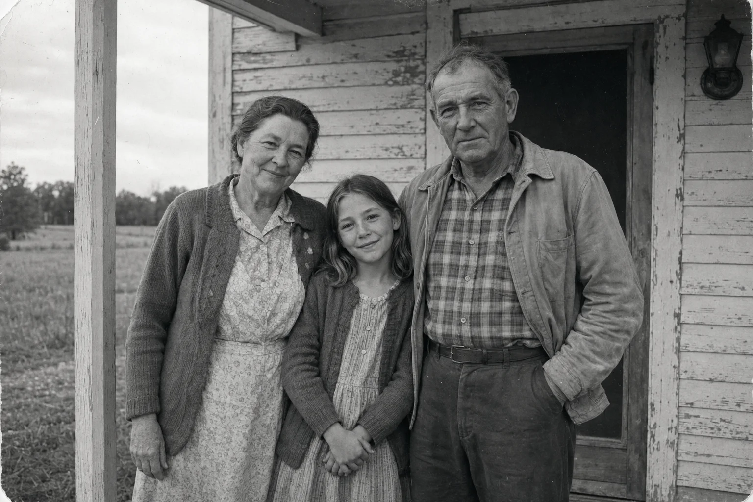 Black-and-white family photograph of young Clara standing between her grandparents on the farmhouse porch.