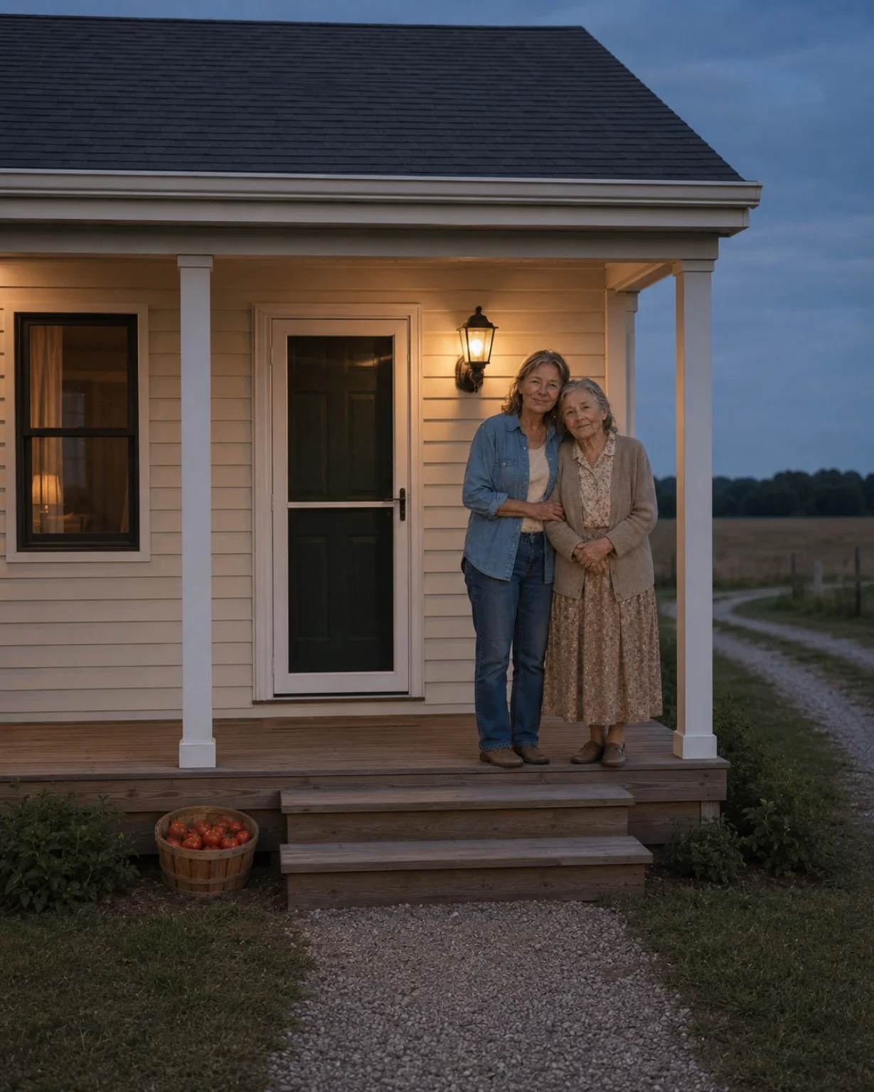 Clara Hart standing with her elderly mother on a rural farmhouse porch beneath a glowing porch light.