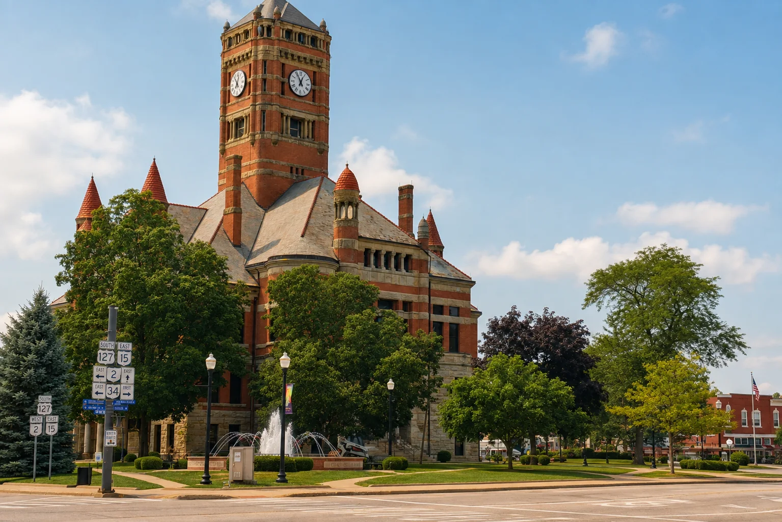 Williams County Courthouse in downtown Bryan, Ohio, with its red-brick clock tower, trees, fountain, and blue sky.